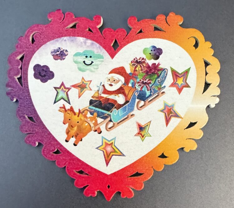 Corazón de madera Papá Noel con trineo