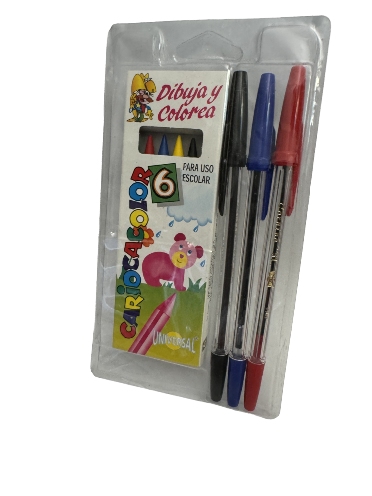 Set de lápices cera colores carioca y bolígrafo