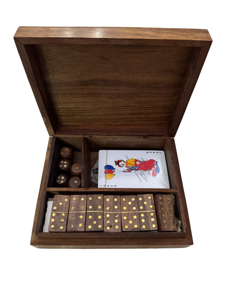 Estuche madera cartas, dados y domino
