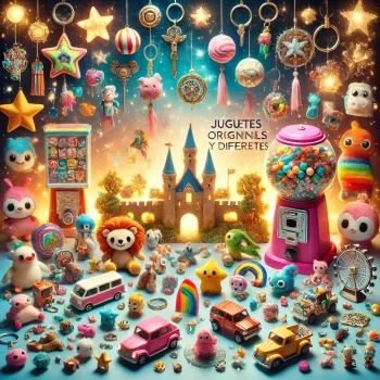 DALL·E 2025-04-25 09.32.24 - A magical and whimsical display of diverse toys arranged in a vibrant, square layout. The scene includes a colorful gumball machine, a variety of play